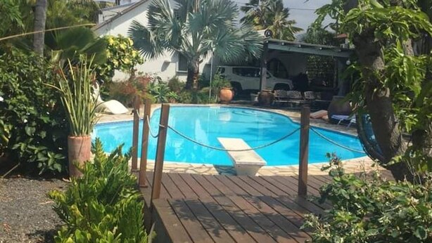 Une piscine dotée d’une terrasse en bois, entourée de palmiers et de verdure.