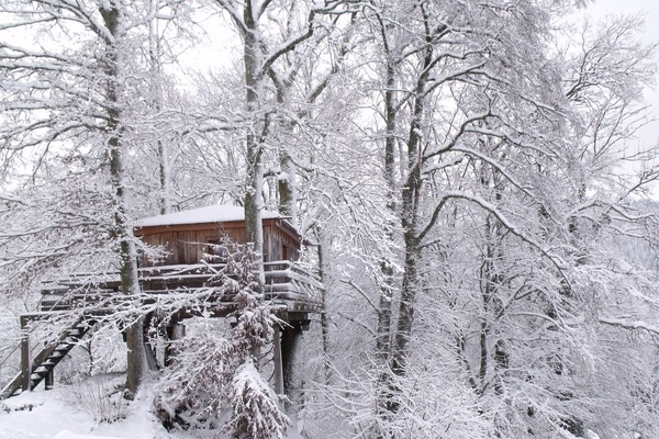 Cabane dans les arbres en hiver