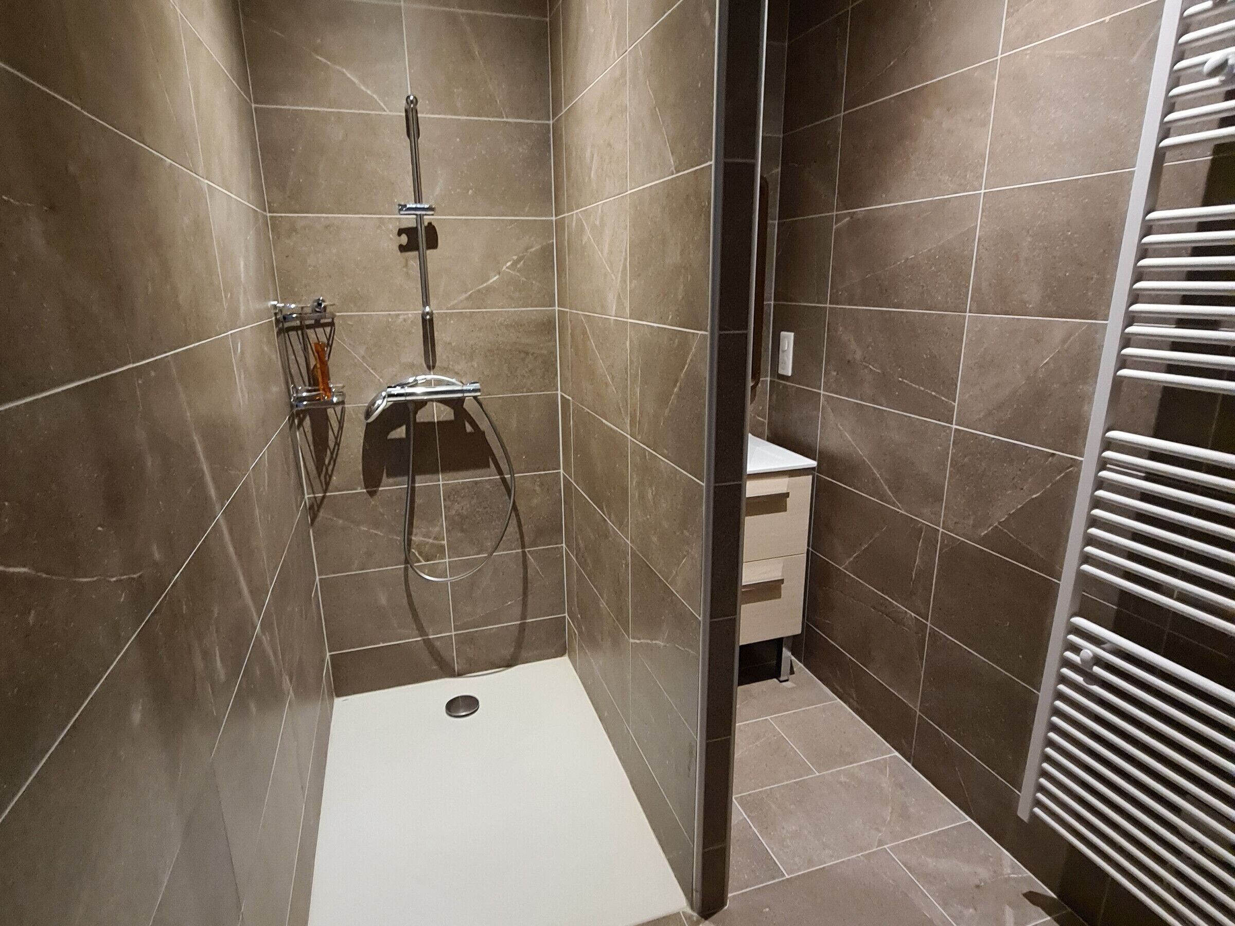 A modern shower area with a glass door, a handheld showerhead, and a wall-mounted faucet.