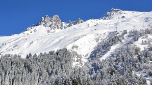 Ein mit Schnee bedeckter Berg unter blauem Himmel.