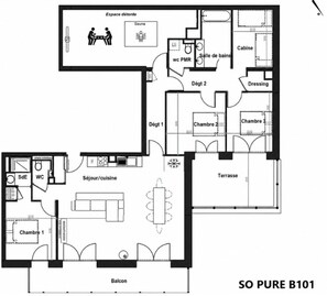 A hotel layout with multiple bedrooms, a dining area, a sauna, a dressing room, and a terrace. - Beautiful 4-room cabin, 8 people, sauna, parking, Méribel (Méribel)