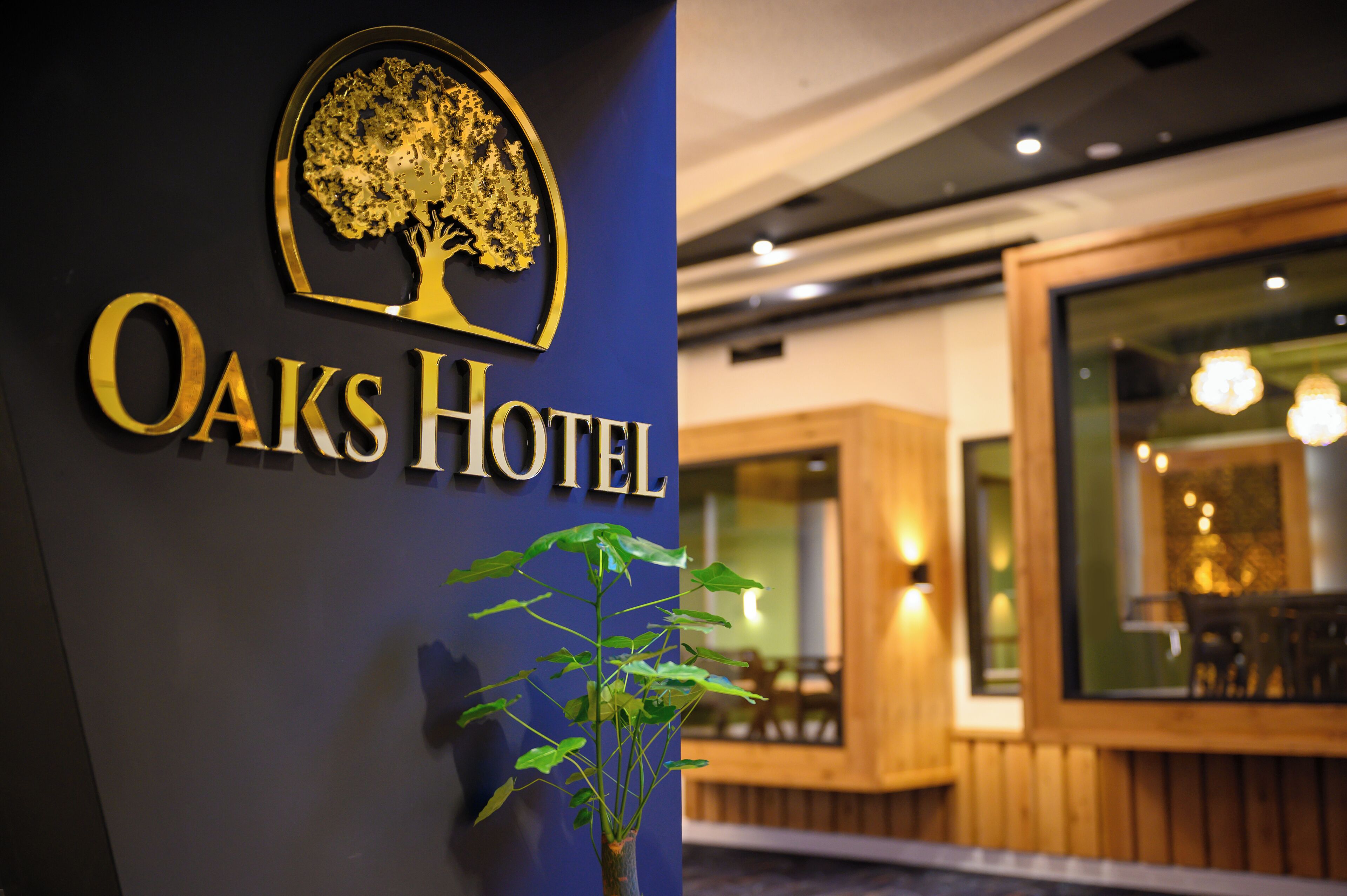 Et hotelskilt med et trælogo og navnet "Oaks Hotel".