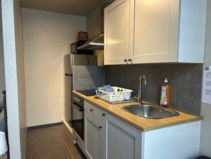 Een koelkast, een magnetron, een oven, een kookplaat