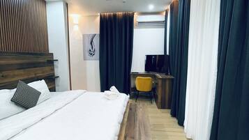 1 bedroom, desk, laptop workspace, iron/ironing board