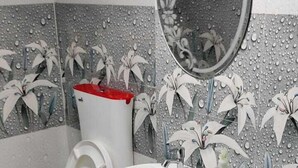 A bathroom with a toilet, sink, and mirror. - Madhavi Homestay (Varanasi)