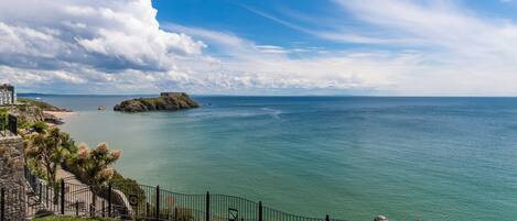 A coastal view with a clear sky, a paved walkway, and a fenced area leading to a body of water.