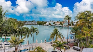 A waterfront hotel with a pool, palm trees, and a clear view of the water.