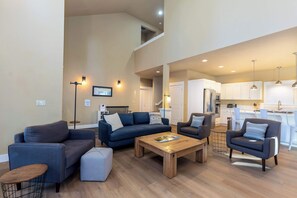 TV, fireplace, books, offices