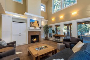 TV, fireplace, books, offices