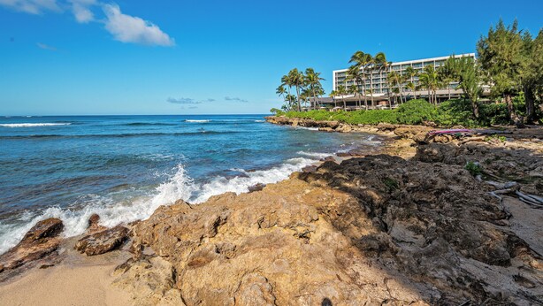 A rocky beach with waves crashing onto the shore, a hotel with multiple floors and palm trees in the background.