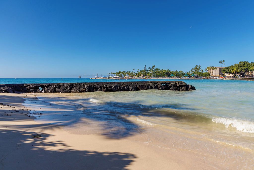 A beach with clear blue water, a rocky breakwater, and a line of palm trees and buildings in the background.