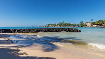 A beach with clear blue water, a rocky breakwater, and a line of palm trees and buildings in the background.