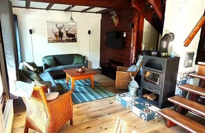 Smart TV, fireplace, DVD player, books
