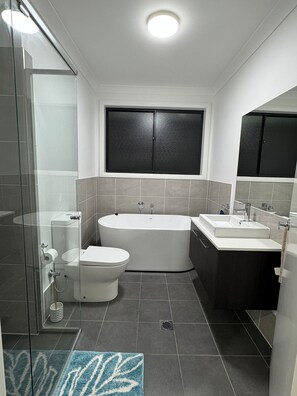 Hair dryer, towels, soap, toilet paper