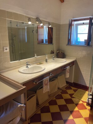 Hair dryer, bidet, towels, soap