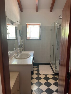 Hair dryer, bidet, towels, soap