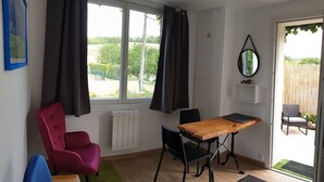A room with a dining table, two chairs, a red chair, a blue chair, a radiator, a window with curtains, a mirror on the wall, and a door leading outside.