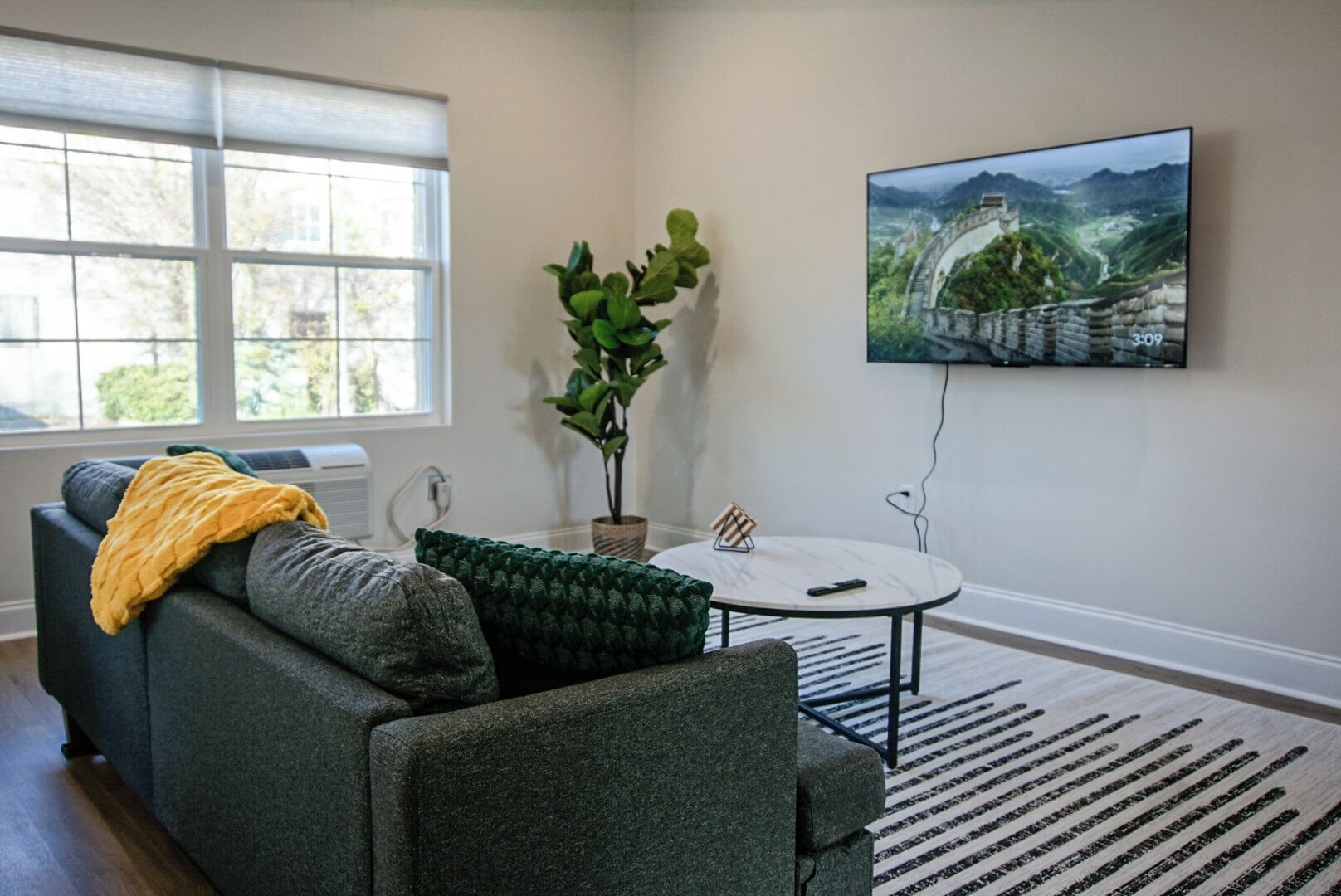 A modern living room with a grey sofa, a green plant, a round coffee table, and a large TV mounted on the wall displaying a scenic landscape.