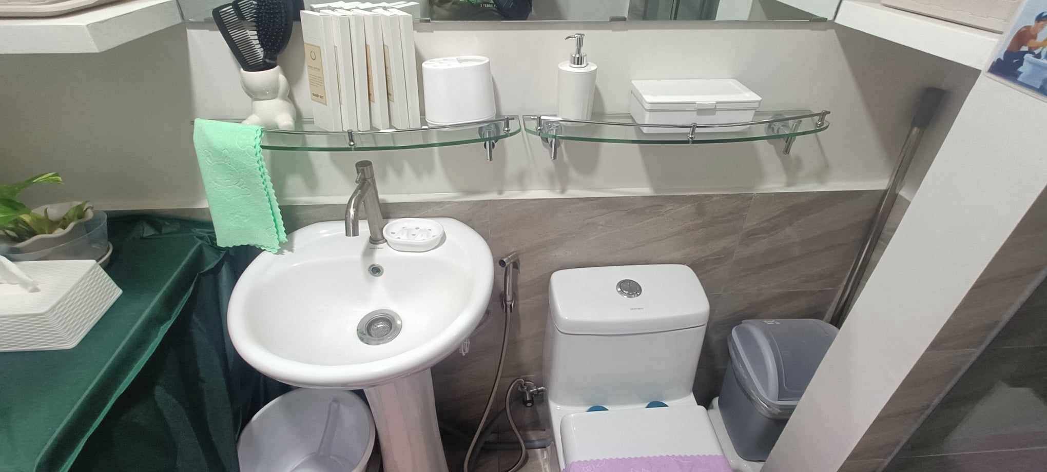 Shower, hair dryer, bidet, towels