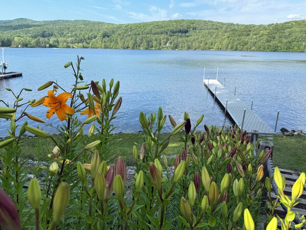 A lake with a dock, surrounded by greenery and hills. - Charming Lakefront Cottage on Lake Mascoma (Enfield)