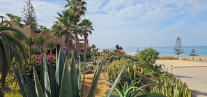 A resort with palm trees, a beach, and a clear sky. - Charming oceanfront villa (Sidi Boulfdail)