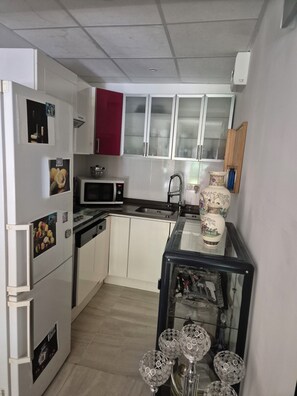Fridge, microwave, stovetop, electric kettle