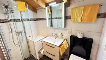 Hair dryer, towels, soap, toilet paper