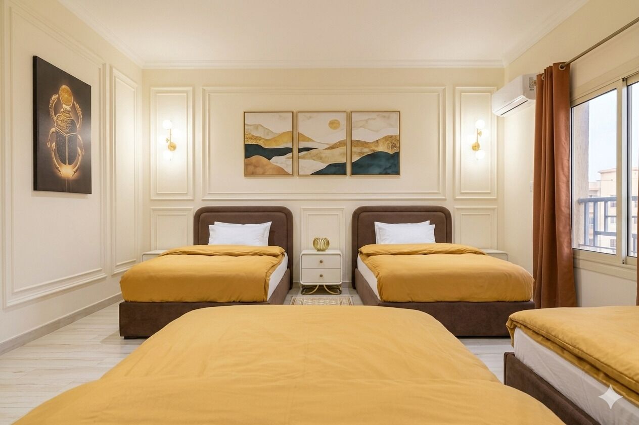 Habitació d'hotel amb dos llits, una taula de nit, decoració mural i una finestra amb cortines.