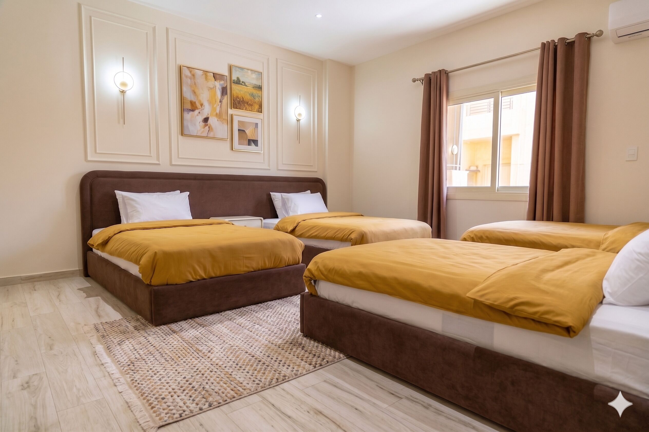A hotel room with two beds, a large window with curtains, and wall-mounted artwork.