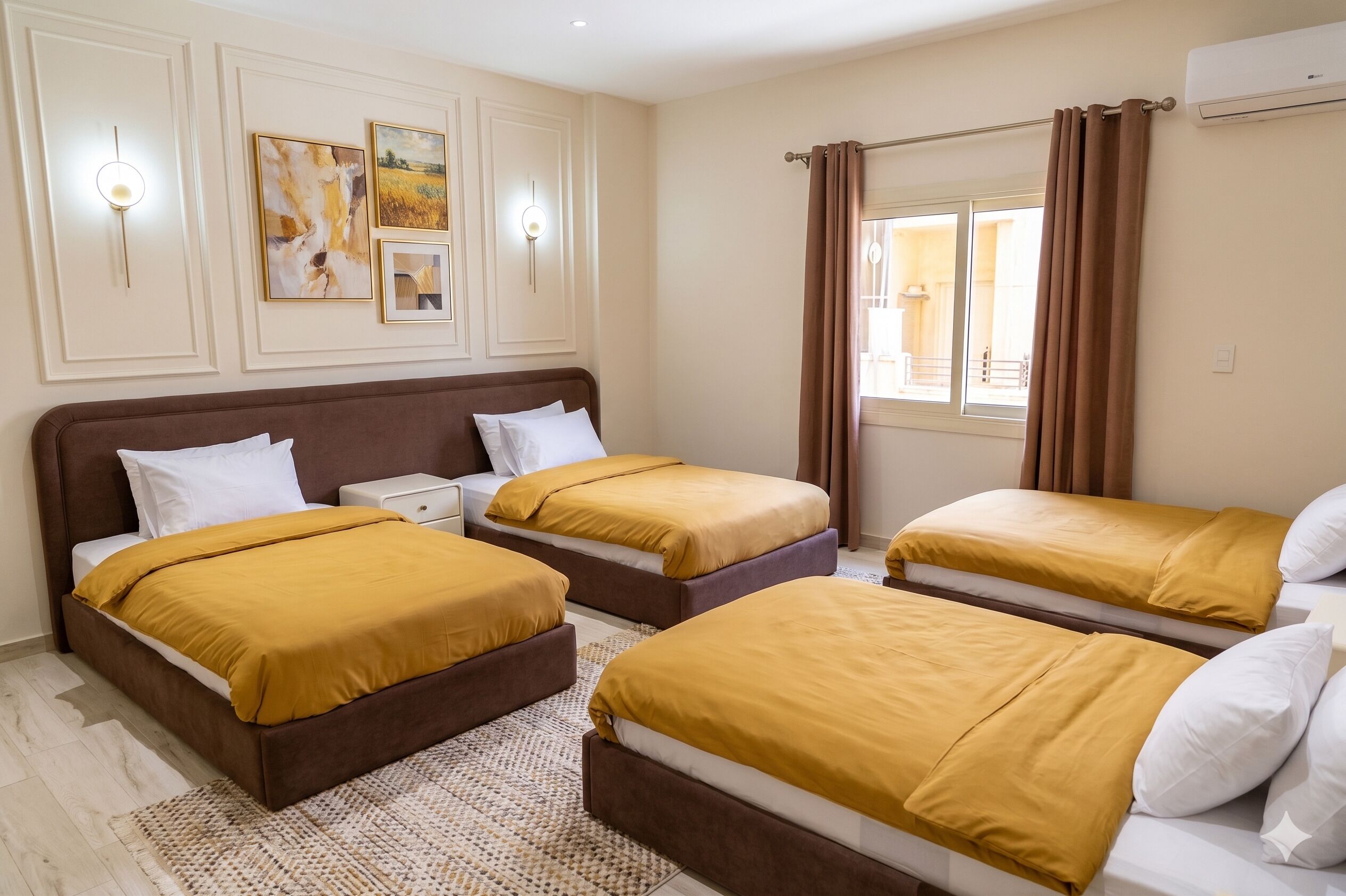 A hotel room with two beds, a large window with curtains, and wall-mounted artwork.