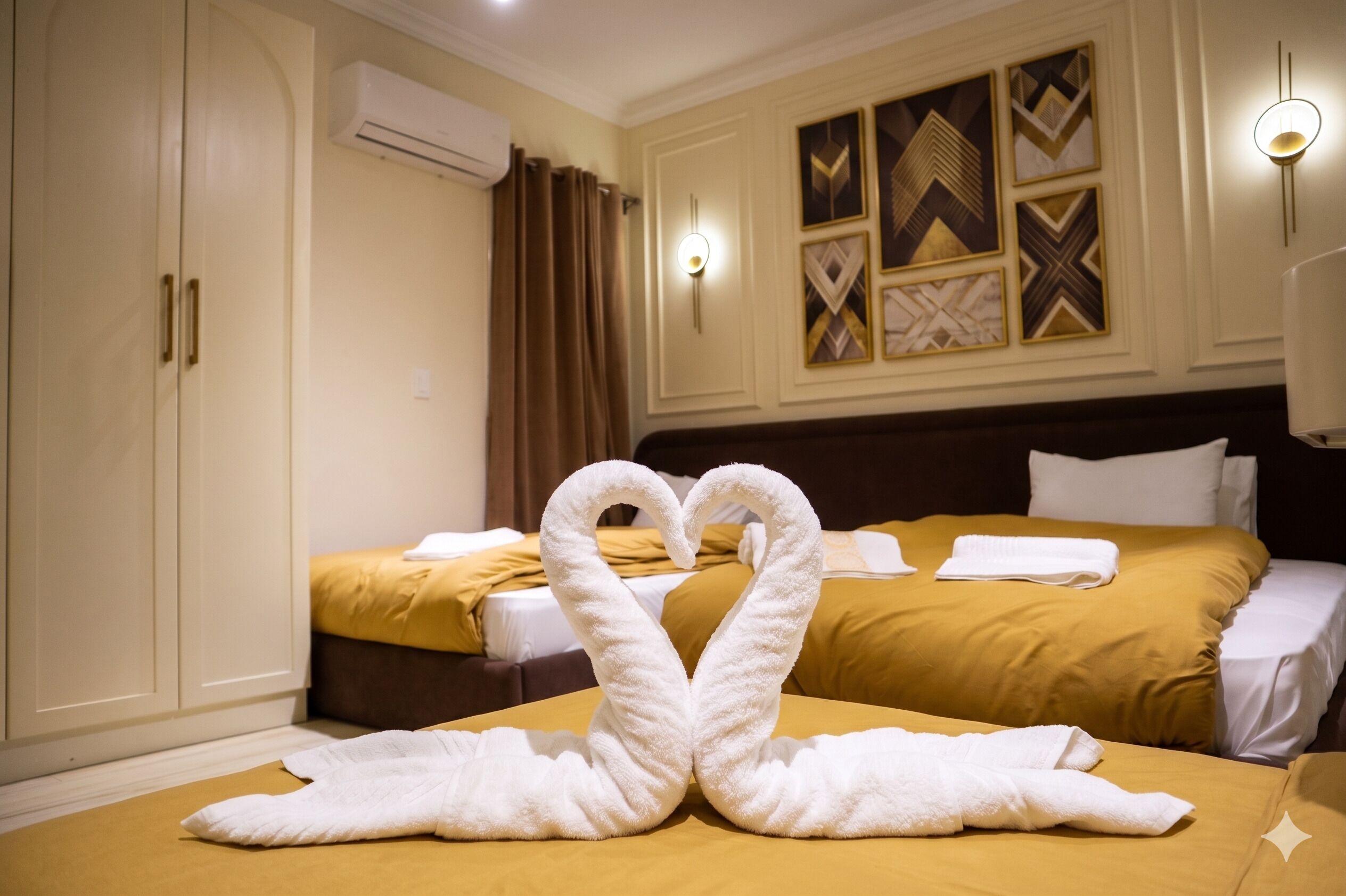 A hotel room with two beds, a wardrobe, and a wall with geometric patterned artwork.