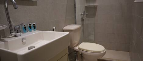 A bathroom with a sink, toilet, and shower.