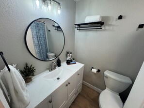 Hair dryer, towels, soap, toilet paper