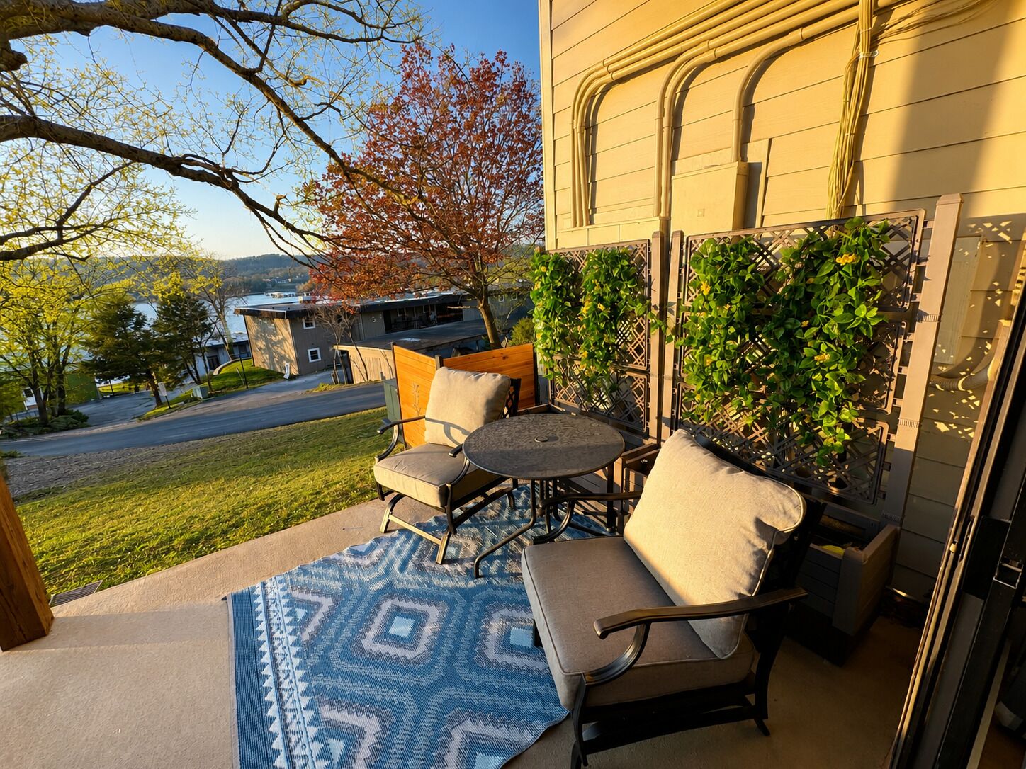 An outdoor patio with a table and chairs, a patterned rug, and a view of a building and trees.