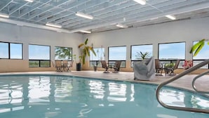 Piscina interior con ventanas amplias, sillas y plantas en macetas.