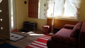 A room with a sofa, a small table, a floor lamp, a window with curtains, a door, and a patterned rug. - Comfortable vacation home in a quiet area close to Lake Balaton (Szántód)