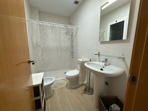 Hair dryer, bidet, towels, soap