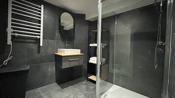 Hair dryer, towels, soap, toilet paper