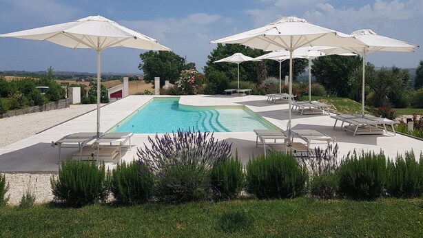 Una piscina con sombrillas blancas y sillones de descanso, rodeada de vegetación y un cielo despejado.