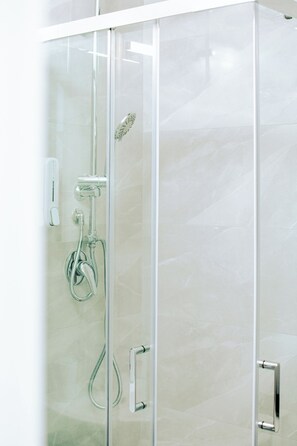 Shower, hair dryer, bidet, towels