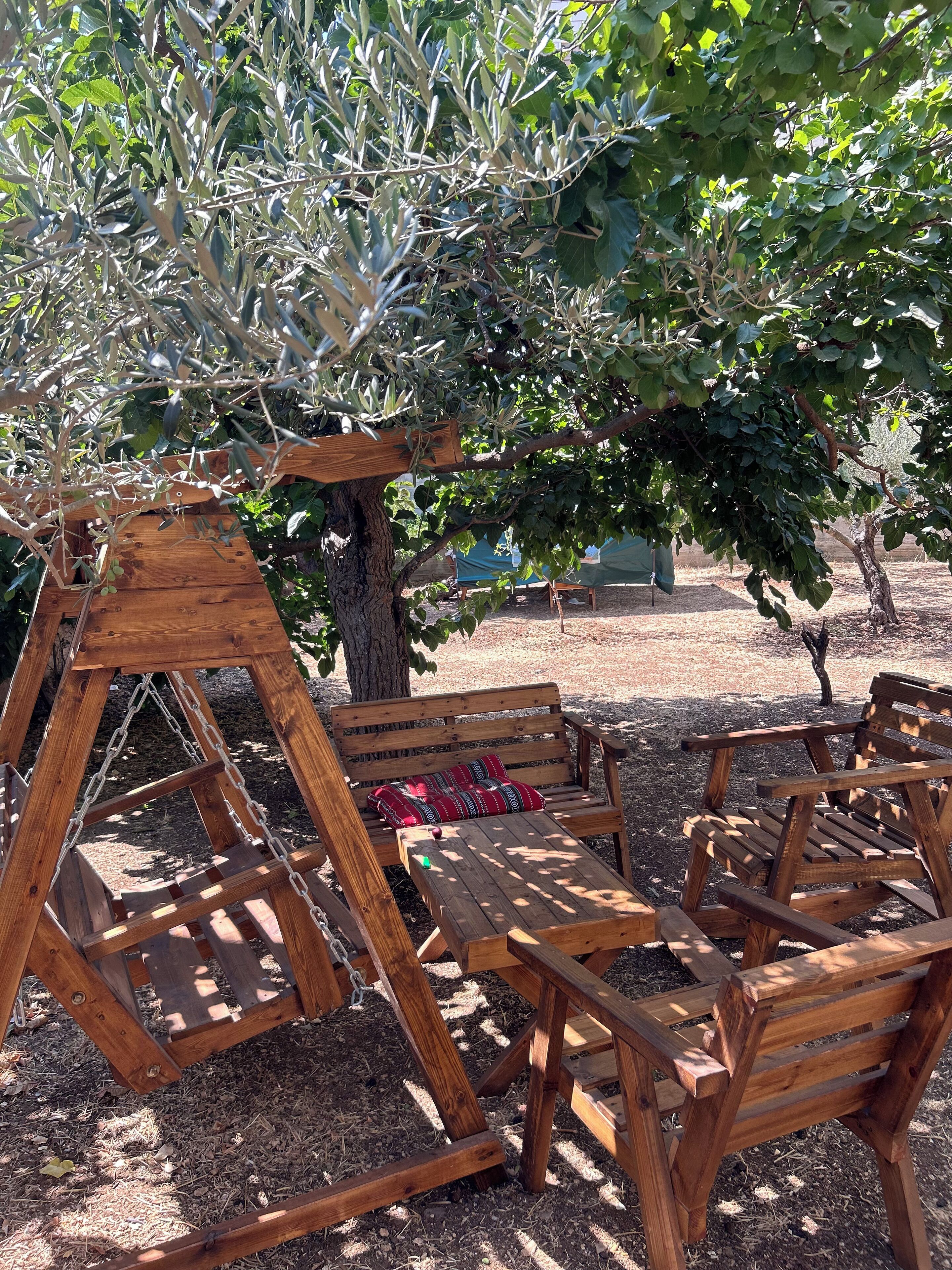 A wooden swing set and benches under a tree in a garden.