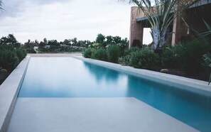 A swimming pool with a modern design, surrounded by lush greenery and a building structure in the background.