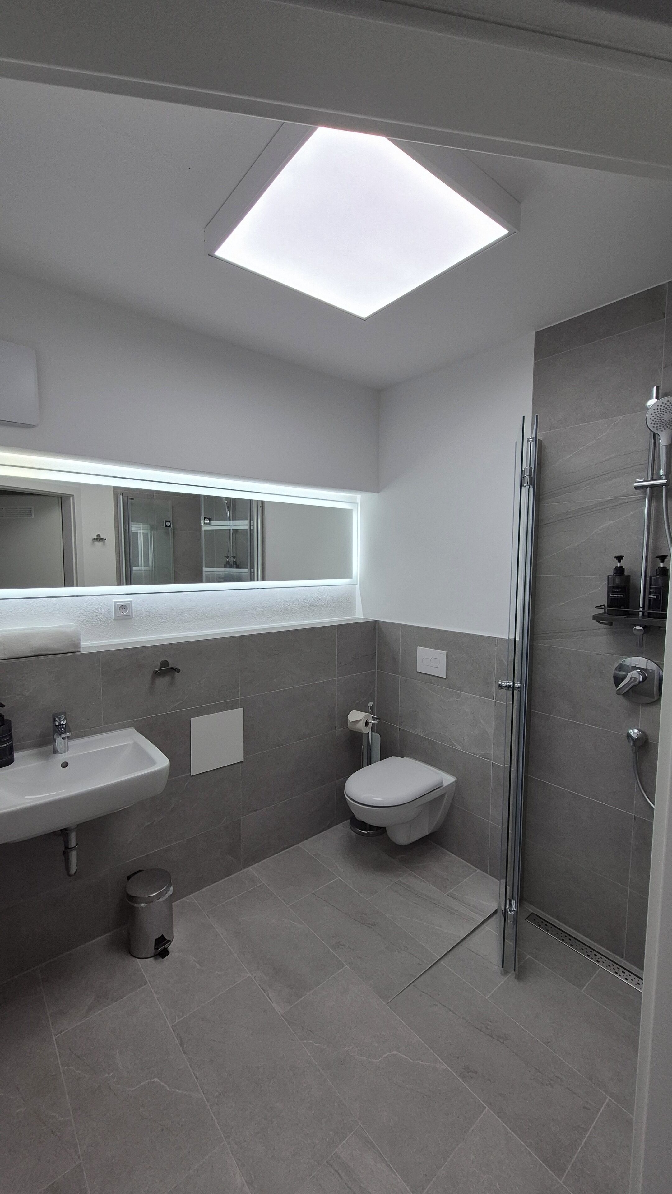 Shower, hair dryer, towels, toilet paper