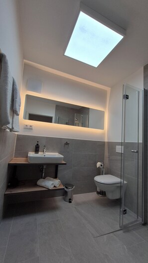Shower, hair dryer, towels, soap - Apartments Seibel double/twin room with kitchen and conservatory  (Reutlingen)