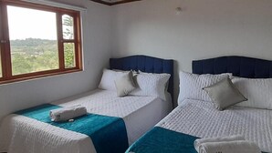 Ein Zimmer mit zwei Einzelbetten, jeweils mit blauer und weißer Bettdecke und passenden Kissen. Ein Fenster bietet Blick auf Grünfläche draußen.
