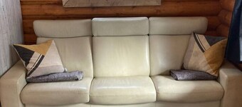 Lofted log cabin with fire table