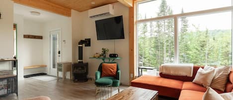 Televisión, chimenea y estéreo