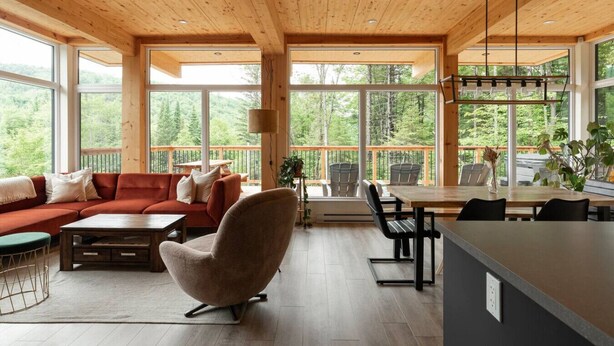A spacious living area with a wooden ceiling, large windows, a sofa, a chair, and a dining table.
