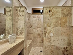 Shower, hair dryer, towels, soap