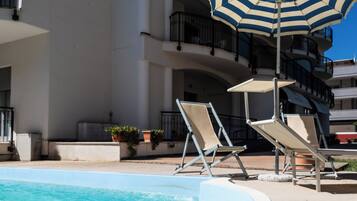 Seasonal outdoor pool, pool umbrellas, pool loungers